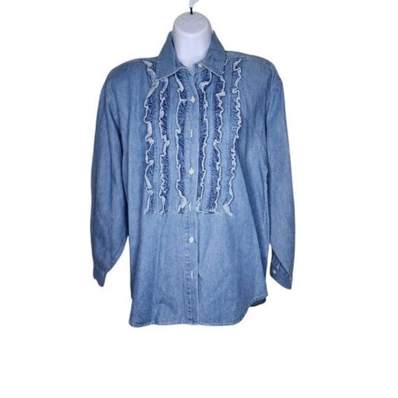 Vintage 90s Denim Tuxedo Ruffle Button Up Western Shirt Womens M Blue - Picture 1 of 7